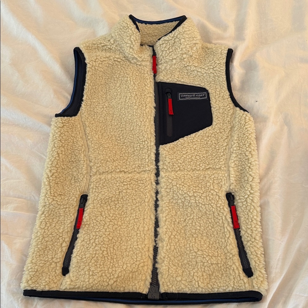 Vineyard Vines Cream Sherpa Vest with Red and Navy Blue Accents
